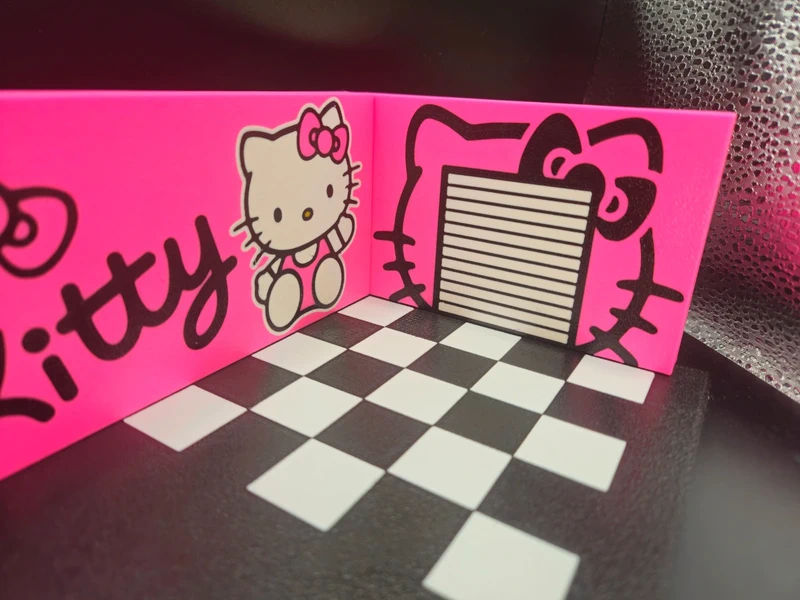 Fundo decorativo Hello Kitty rosa com padrão xadrez preto e branco