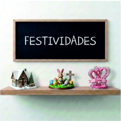 Prateleira com decorações natalícias, pascais e românticas, placa FESTIVIDADES ao fundo