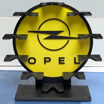 Suporte de exposição com logotipo OPEL amarelo e preto