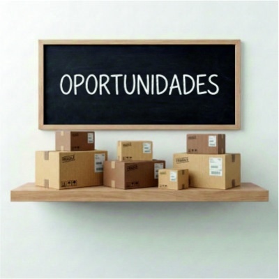 Caixas de cartão empilhadas numa prateleira sob um quadro preto com a palavra OPORTUNIDADES