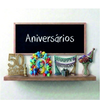 Decoração de aniversário com objetos dourados, coloridos e quadro negro