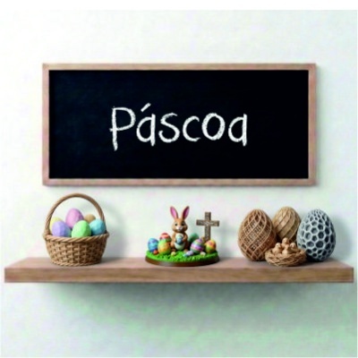 Prateleira com decorações de Páscoa em madeira e cerâmica sob quadro negro com texto Páscoa