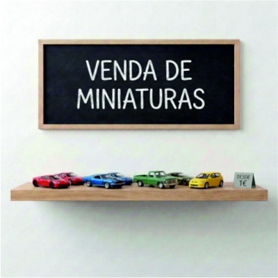 Prateleira com cinco miniaturas de carros coloridos e placa com preço, quadro negro com texto da venda