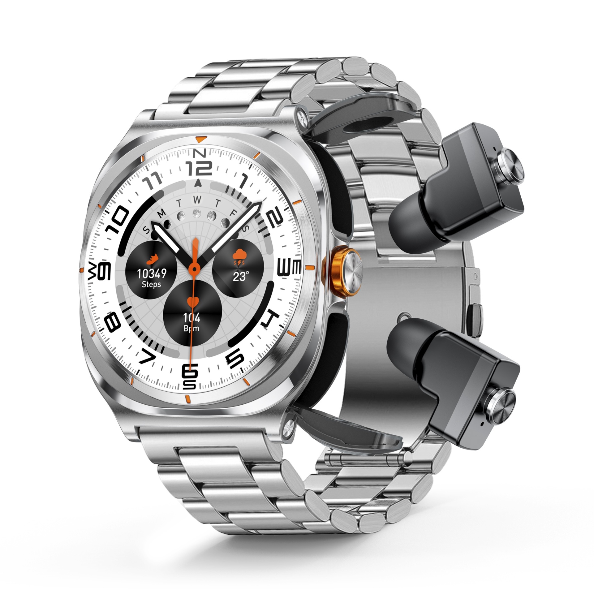 Relógio Caymline SMART FH SILVER Relógio inteligente prateado com mostrador branco e bracelete metálica, com fones de ouvido negros integrados