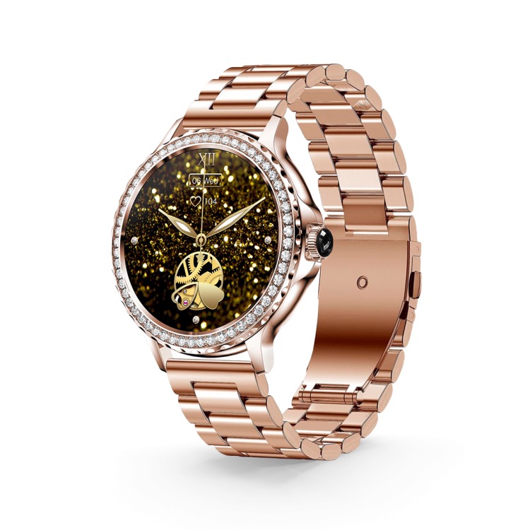 Relógio Smartwatch Caymline smart Es Rose Gold Relógio de pulso dourado com mostrador brilhante e pedras no aro