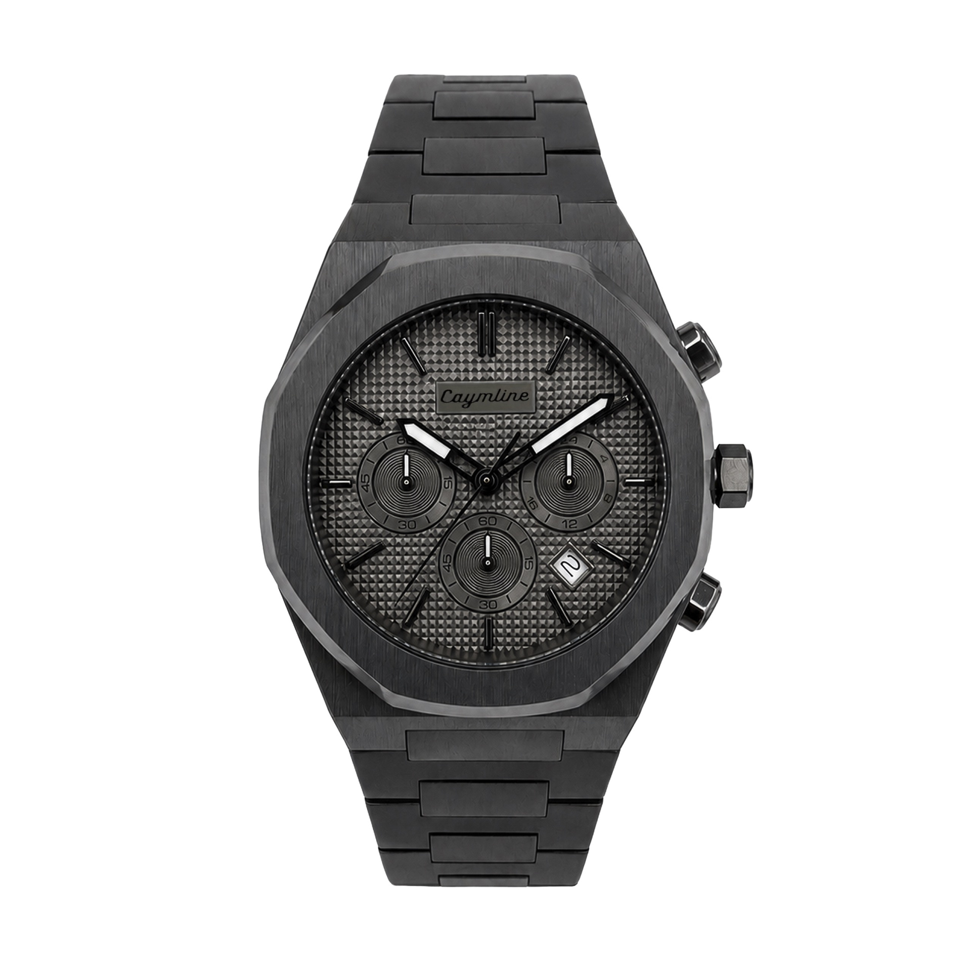 Relógio Caymline Forge Relógio de pulso preto com mostrador cinza texturizado e bracelete de metal.