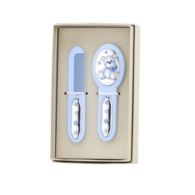 Conjunto de pente e escova para bebé com decoração de urso em azul