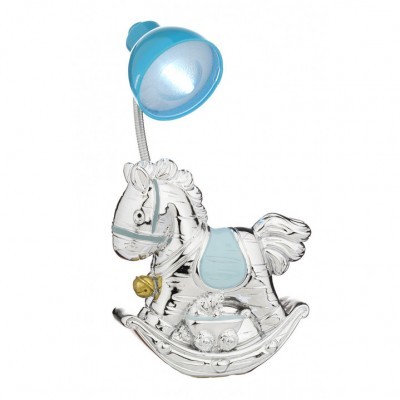 Abajur com base em forma de cavalo de baloiço transparente com cúpula azul