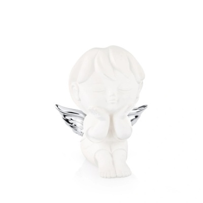 Estatueta de anjo cerâmica branca com asas cromadas prateadas