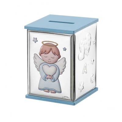 Cofre azul com anjo prateado e azul segurando coração branco