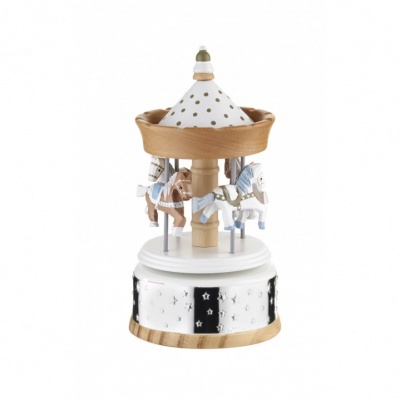 Carrossel musical decorativo em madeira com cavalos e detalhes dourados