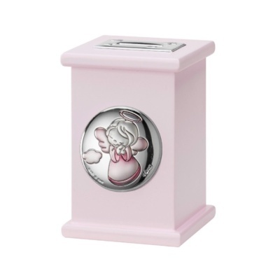 Poupança rosa com anjo metálico redondo e fundo branco