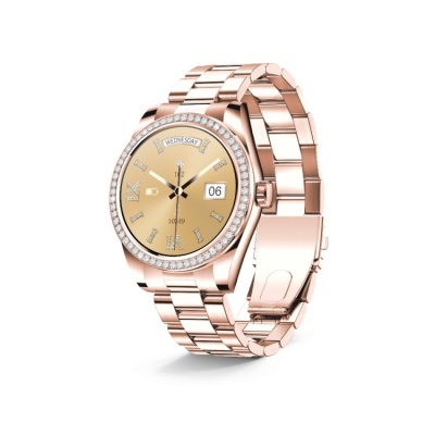 Relógio de pulso dourado com bracelete metálica rose gold e mostrador com pedras brilhantes