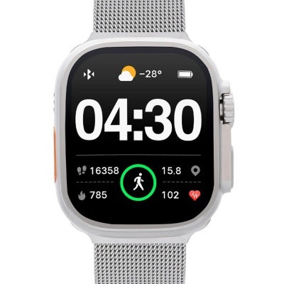 Relógio inteligente prateado com ecrã digital