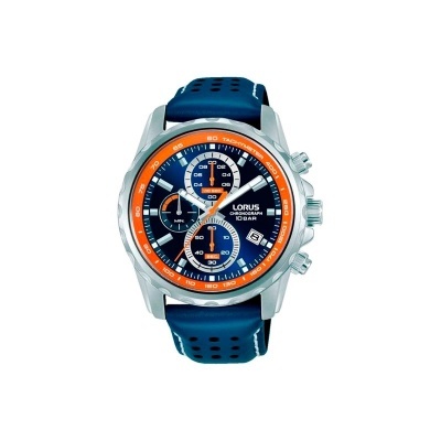 Relógio de pulso Lorus com mostrador azul e detalhes laranja