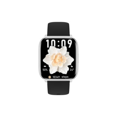 Relógio inteligente com bracelete preta e ecrã digital com flor e dados visíveis