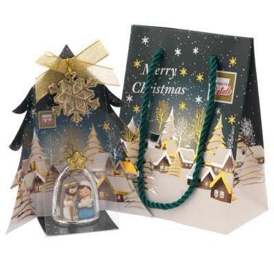 Conjunto embalagem e decoração de Natal com caixa árvore, ornamento Natividade e saco presente nevado