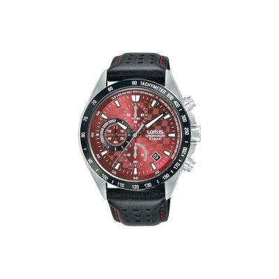Relógio de pulso Lorus com mostrador vermelho e bracelete couro preto.