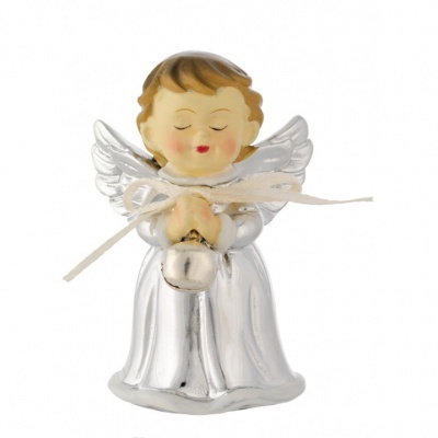 Figura decorativa de anjo com vestido prateado e asas