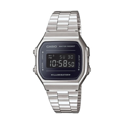 Relógio digital Casio com bracelete metálica prateada e mostrador preto digital