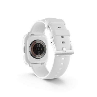 Relógio inteligente branco com bracelete em silicone e mostrador quadrado