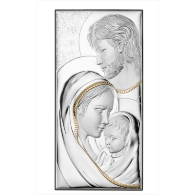 Placa decorativa em metal prateado com relevo de figuras humanas e detalhes dourados