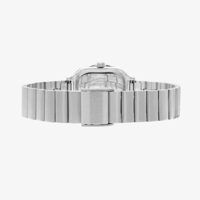 Pulseira metálica prateada de relógio vista de trás