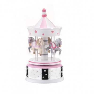 Carrossel musical decorativo branco e rosa com cavalos cinzentos e base prateada