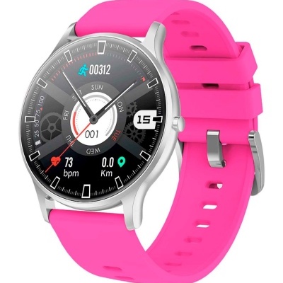 Relógio inteligente com bracelete rosa e mostrador digital