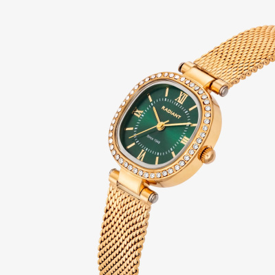 Relógio de pulso feminino dourado com mostrador verde e pedras brilhantes em redor