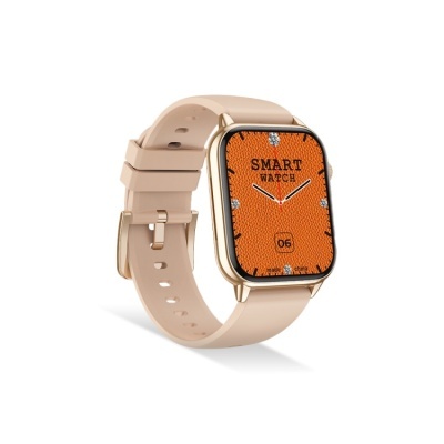Relógio inteligente com bracelete bege e mostrador laranja com texto SMART WATCH