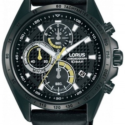 Relógio de pulso preto Lorus Chronograph com mostrador preto e detalhes amarelos e brancos