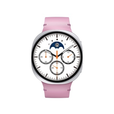 Relógio com bracelete rosa e mostrador branco com fases da lua