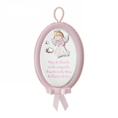 Placa oval decorativa cor-de-rosa com anjo da guarda e texto em português