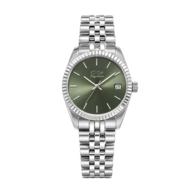 Relógio prateado com mostrador verde e bracelete em metal