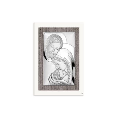 Quadro decorativo com imagem religiosa de São José, Nossa Senhora e Menino Jesus em relevo prateado com moldura de madeira