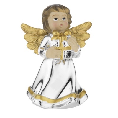 Estatueta de anjo com vestido prateado e detalhes dourados segurando uma caixa