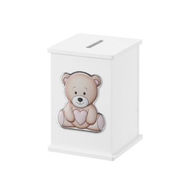 Poupança em madeira branca com ursinho castanho claro e coração rosa