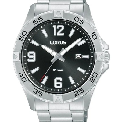 Relógio de pulso Lorus prateado com mostrador preto e detalhes brancos.