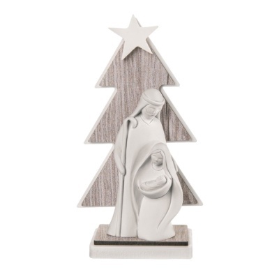 Escultura de Natal com árvore de madeira e figuras da Sagrada Família cinzentas