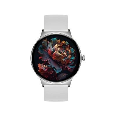 Relógio inteligente com bracelete branca e mostrador digital com flor colorida