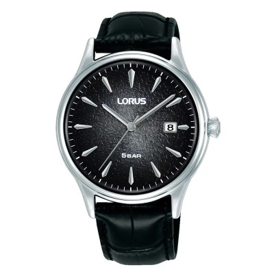 Relógio LORUS preto com bracelete de pele preta e caixa prateada