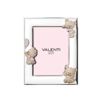 Moldura retangular prateada com ursinhos decorativos e fundo rosa claro com texto VALENTI