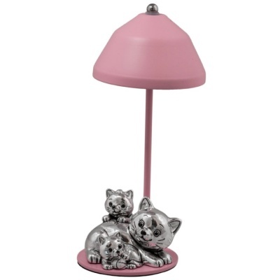 Candeeiro de mesa rosa com base decorada com três gatos prateados