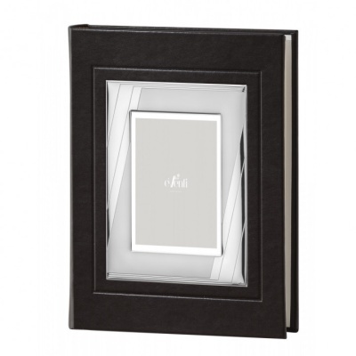 Álbum de fotografias com capa preta e moldura de vidro para foto
