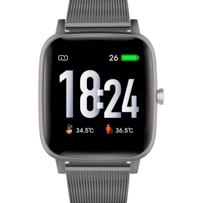 Relógio inteligente cinza com ecrã digital a mostrar hora e temperatura