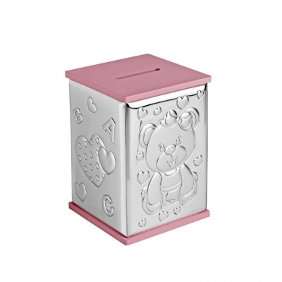 Mealheiro quadrado com relevo de ursinho e corações, rosa e prateado