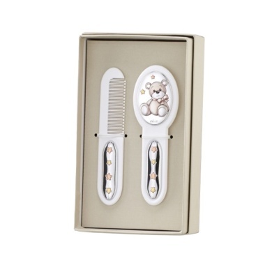 Conjunto de pente e escova para bebé com ursinho e estrelas douradas em caixa creme