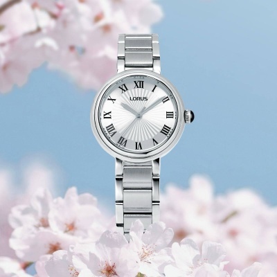 Relógio de pulso LORUS metálico com mostrador branco e numerais romanos