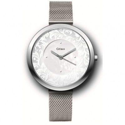 Relógio Celsus com mostrador branco e bracelete metálica de malha prateada